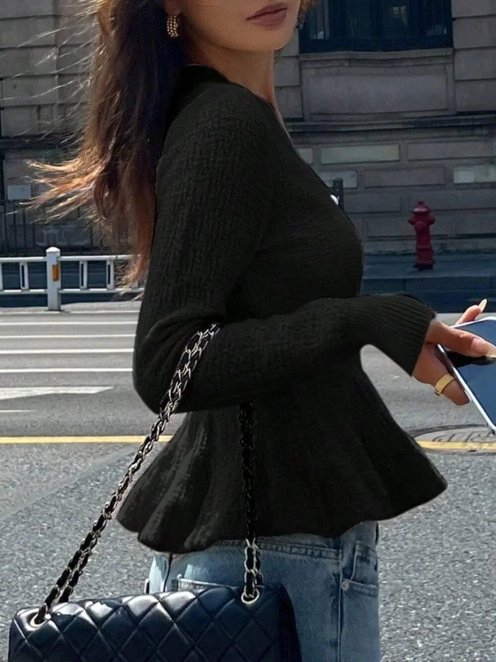 Black Casual Women's Loose Cardigan With Pearl Buttons